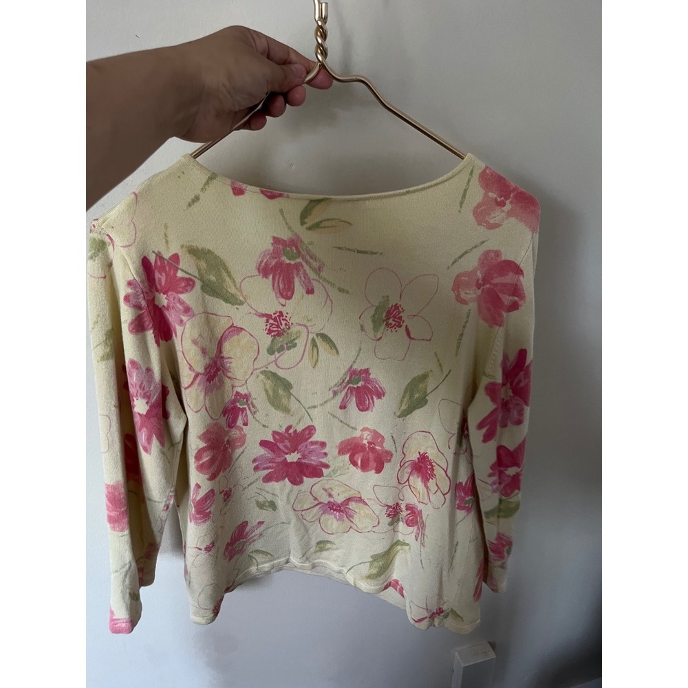 Coldwater Creek Floral Knit Sweater Top Yellow Pink 3/4 Sleeve Cottagecore M - Picture 6 of 6
